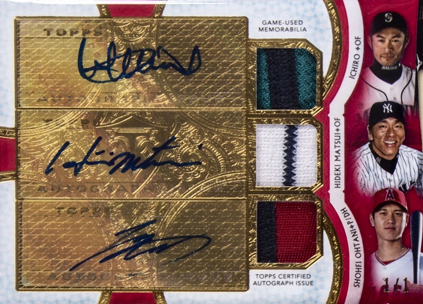 2018 Topps Triple Threads Autograph Relic Combo Hideki Matsui/Ichiro/Shohei Ohtani #HIS Baseball Card