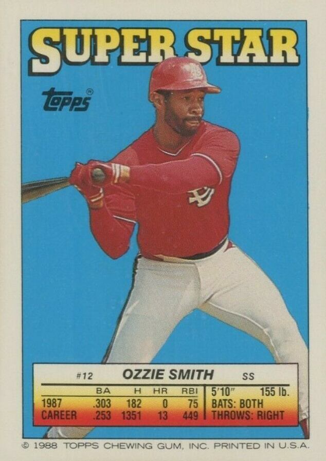 1988 Topps Stickercard Ozzie Smith #12 Baseball Card