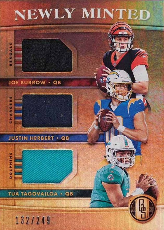 2020 Panini Gold Standard Newly Minted Memorabilia Triples Joe Burrow/Justin Herbert/Tua Tagovailoa #MMT1 Football Card