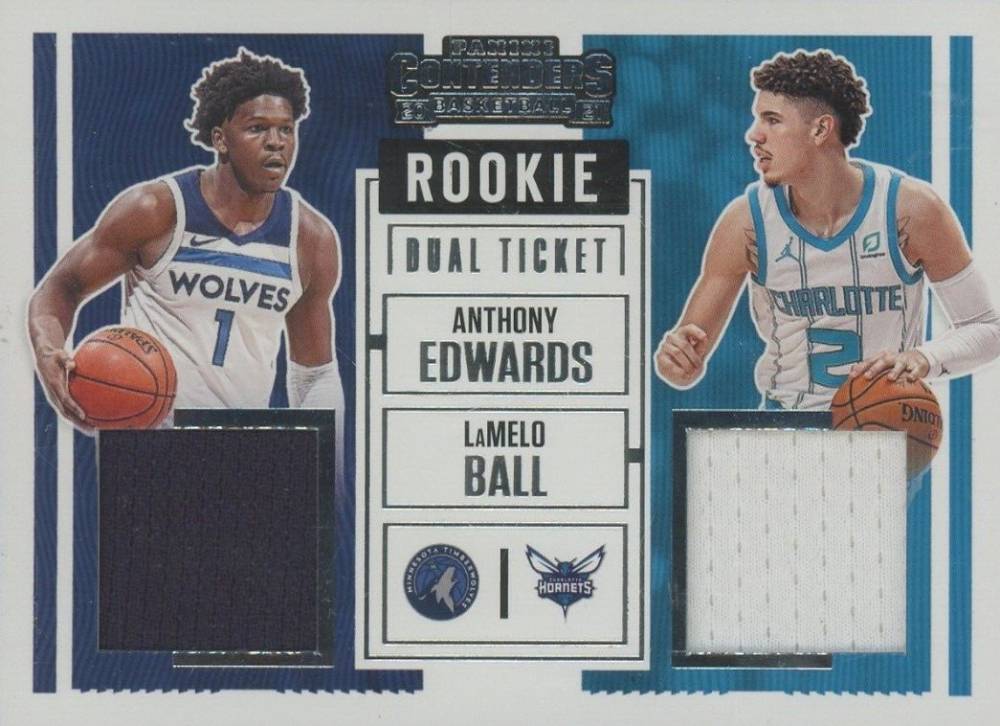 2020 Panini Contenders Rookie Ticket Dual Swatches Anthony Edwards/LaMelo Ball #RDAL Basketball Card