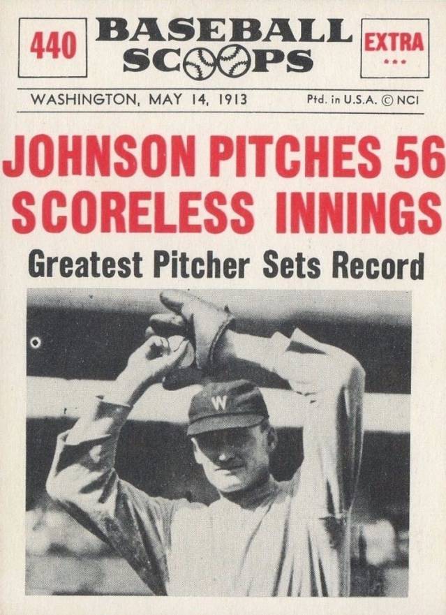 1961 Nu-Card Baseball Scoops Johnson Pitches 56 Scoreless Innings #440 Baseball Card