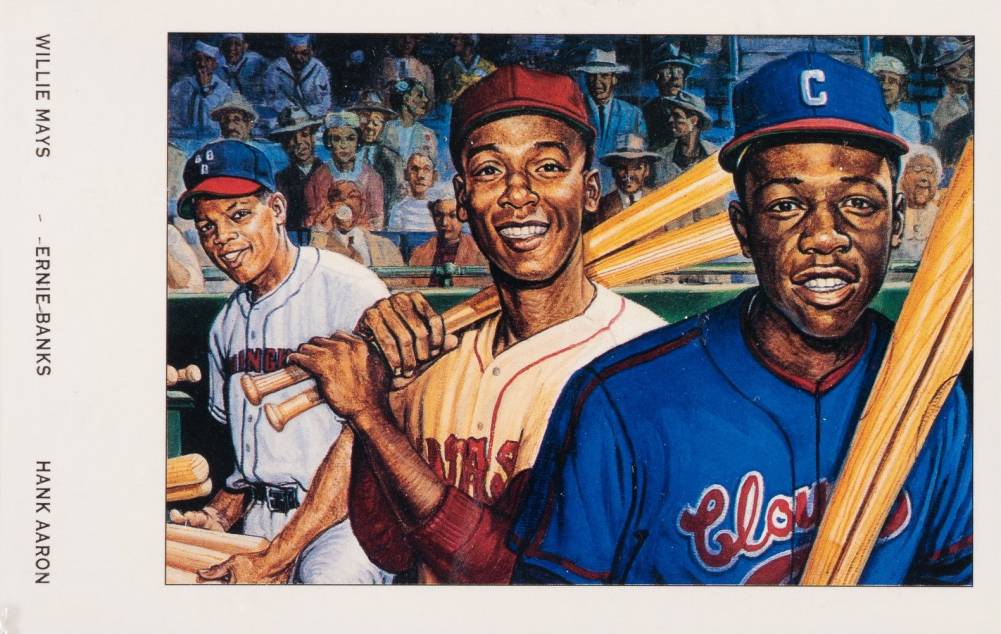 1994 Ron Lewis Negro Leagues Postcard Ernie Banks/Hank Aaron/Willie Mays #1 Baseball Card