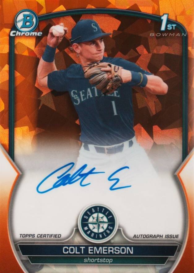 2023 Bowman Draft Sapphire Edition Chrome Prospect Autographs Colt Emerson #CDACE Baseball Card