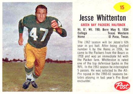 1962 Post Cereal Jesse Whittenton #15 Football Card