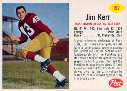 1962 Post Cereal Jim Kerr #192 Football Card