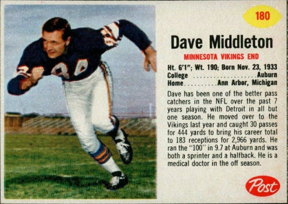 1962 Post Cereal Dave Middleton #180 Football Card