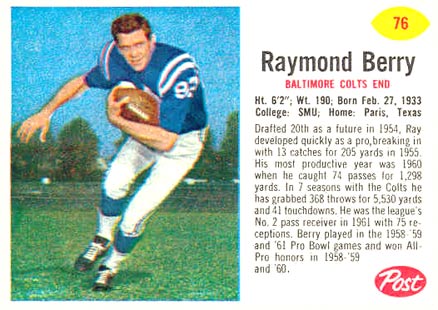 1962 Post Cereal Raymond Berry #76 Football Card