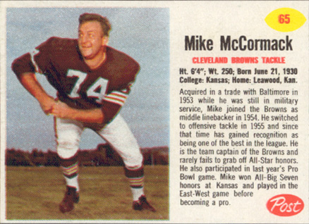 1962 Post Cereal Mike McCormack #65 Football Card