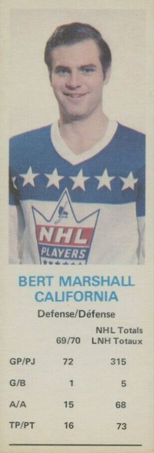 1970 Dad's Cookies Bert Marshall # Hockey Card