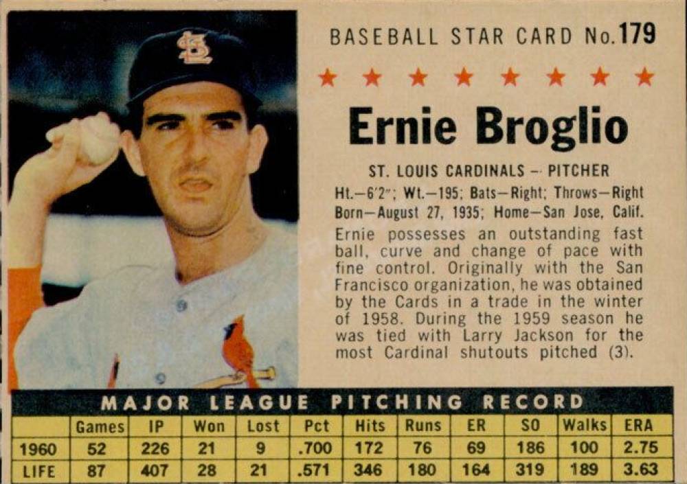 1961 Post Cereal Ernie Broglio #179 Baseball Card