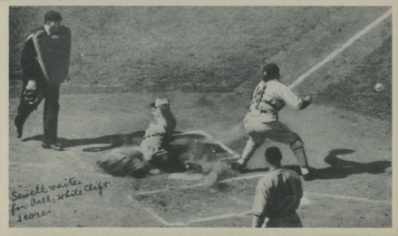 1936 National Chicle Fine Pens Sewell waites for ball, while Clift scores # Baseball Card