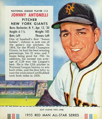 1955 Red Man Tobacco Johnny Antonelli #13 Baseball Card