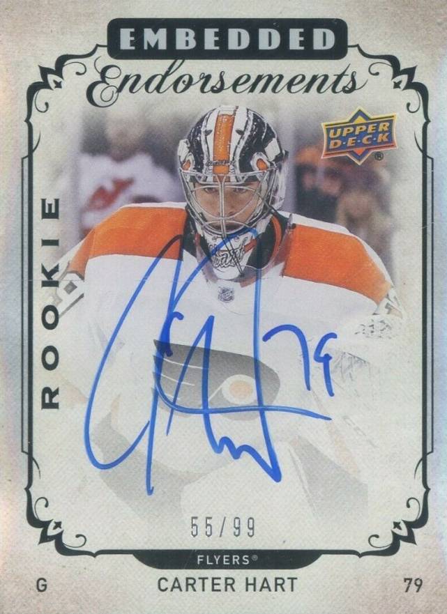 2018 Upper Deck Clear Cut Embedded Endorsements Rookie Autographs Carter Hart #CH Hockey Card