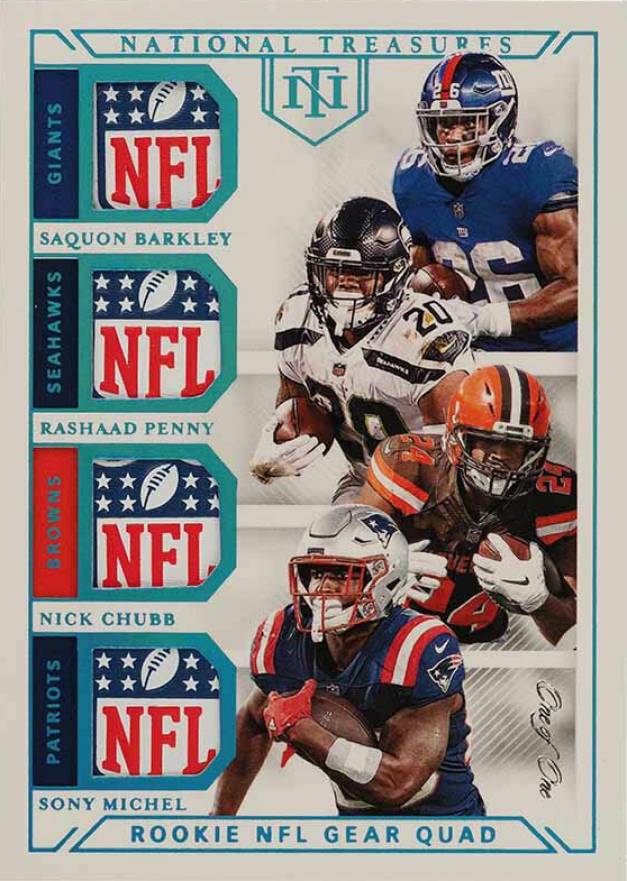 2018 Panini National Treasures Rookie NFL Gear Quad Materials Nick Chubb/Rashaad Penny/Saquon Barkley/Sony Michel #GQM3 Football Card