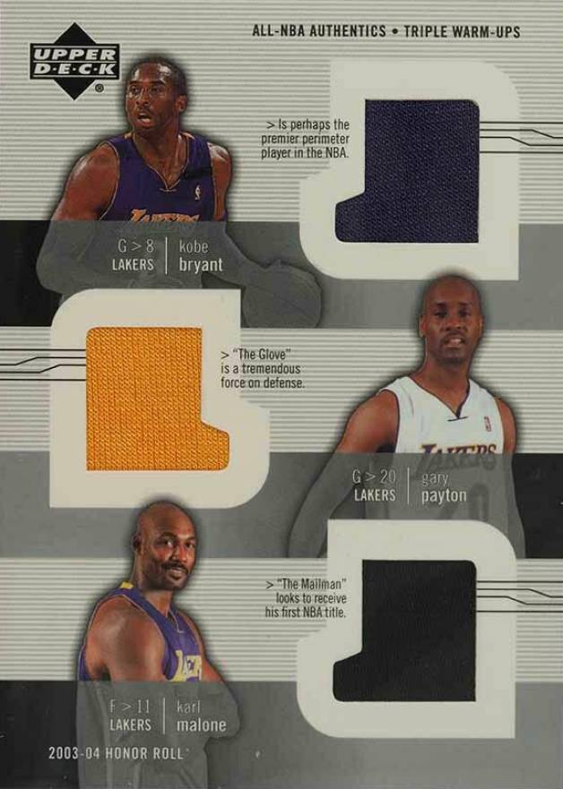 2003 Upper Deck Honor Roll All-NBA Authentic Combo Jersey Gary Payton/Karl Malone/Kobe Bryant #KB/GP/KM Basketball Card