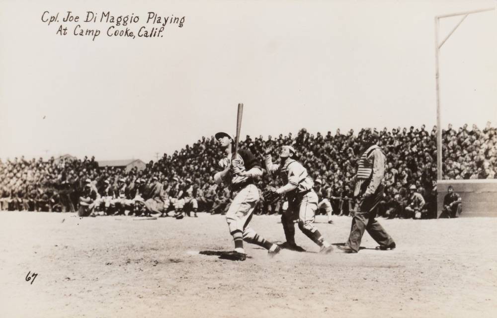 1940 Real-Photo Postcard 1943 Cpl. Joe DiMaggio Playing at Camp Cooke # Baseball Card