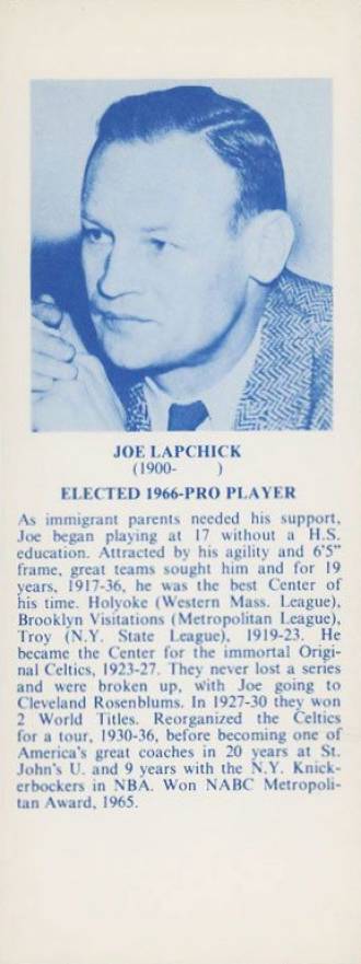 1968 Hall Of Fame Bookmarks Joe Lapchick # Basketball Card